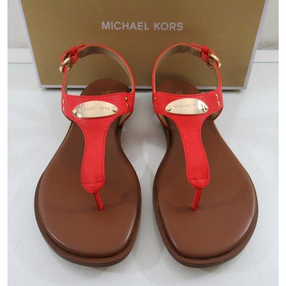 Michael Kors MK Plate Thong Flat T-Strap Sandals Leather Dahlia Pink - Picture 4 of 6